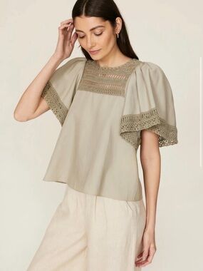 Jonathan Simkhai Sage Crochet-Trim Flutter Sleeve Blouse